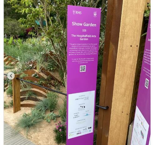 Signage featuring Bathgate logo on the Hosptalfields Garden for RHS Chelsea, 2025
